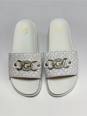 GBG Los Angeles Logo Slide Sandals White Gold Rhinestone Lug Sole Women’s 10